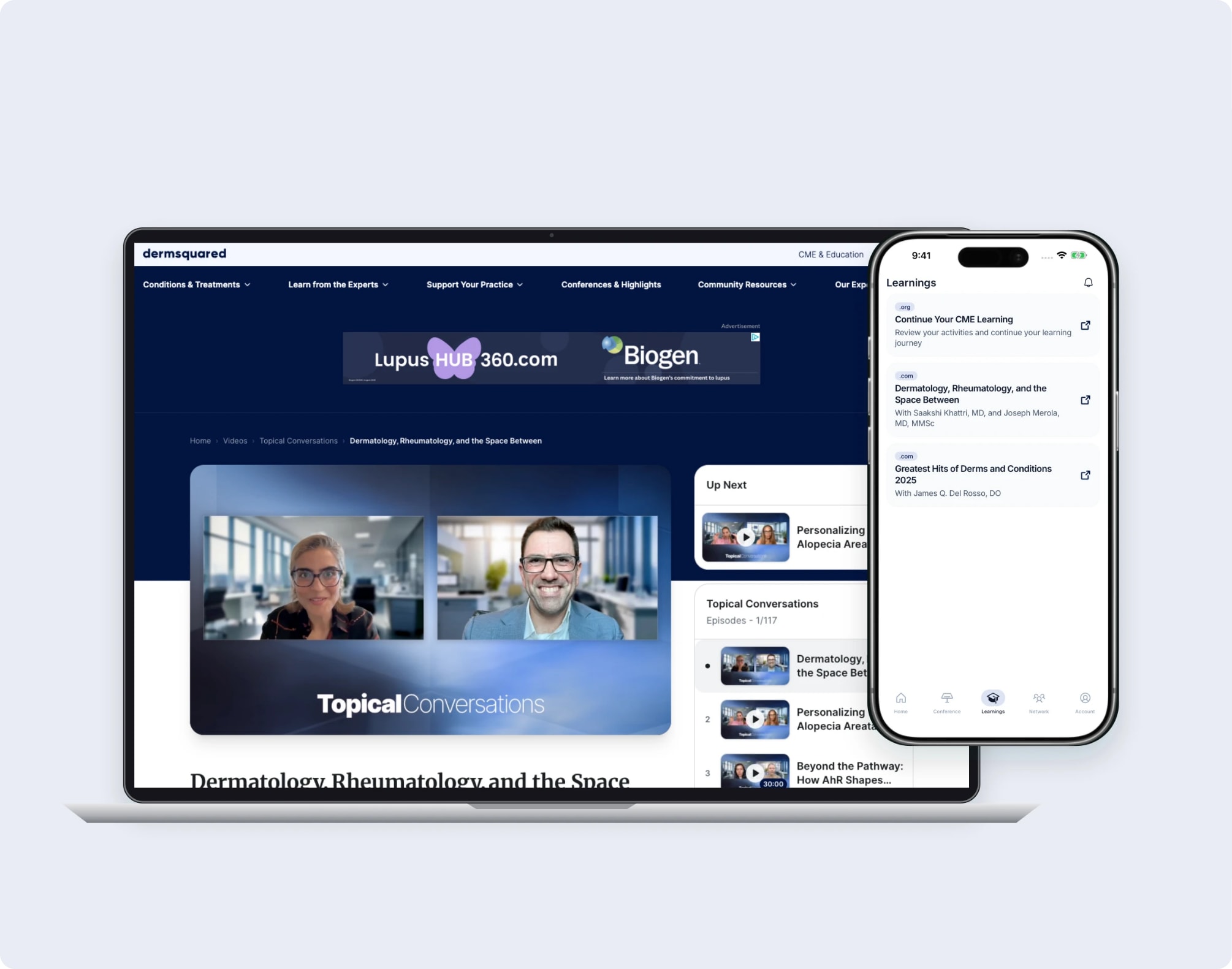 Laptop and iPhone mockups showing Dermsquared web content alongside the app’s learning experience