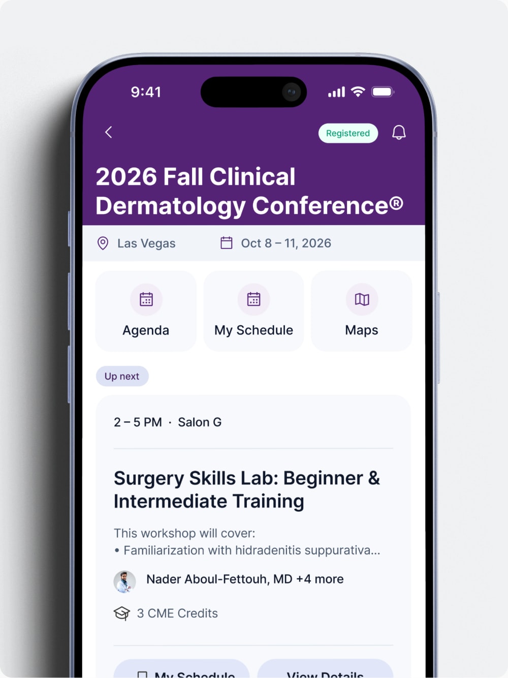 The Dermsquared conference hub with agenda, faculty, maps, and next session