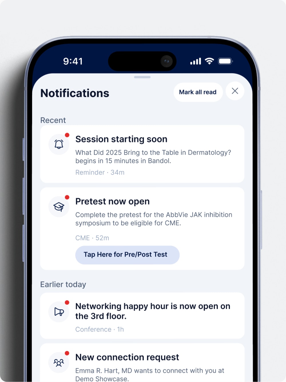 A closer view of Dermsquared’s conference notifications on iPhone