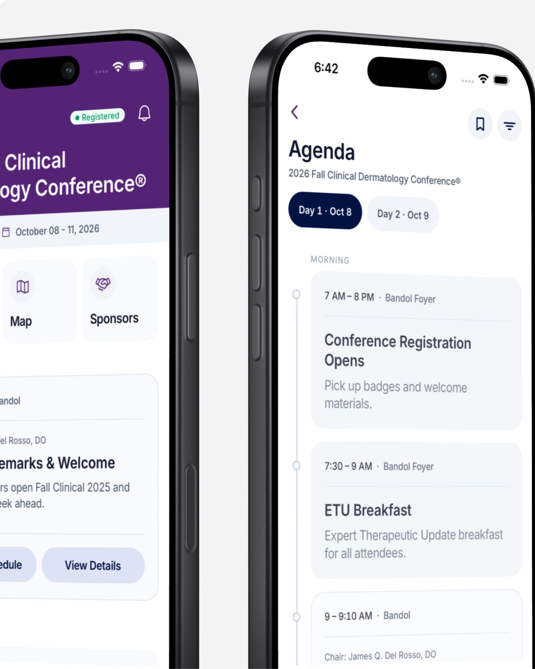Dermsquared’s conference hub and agenda on two iPhones